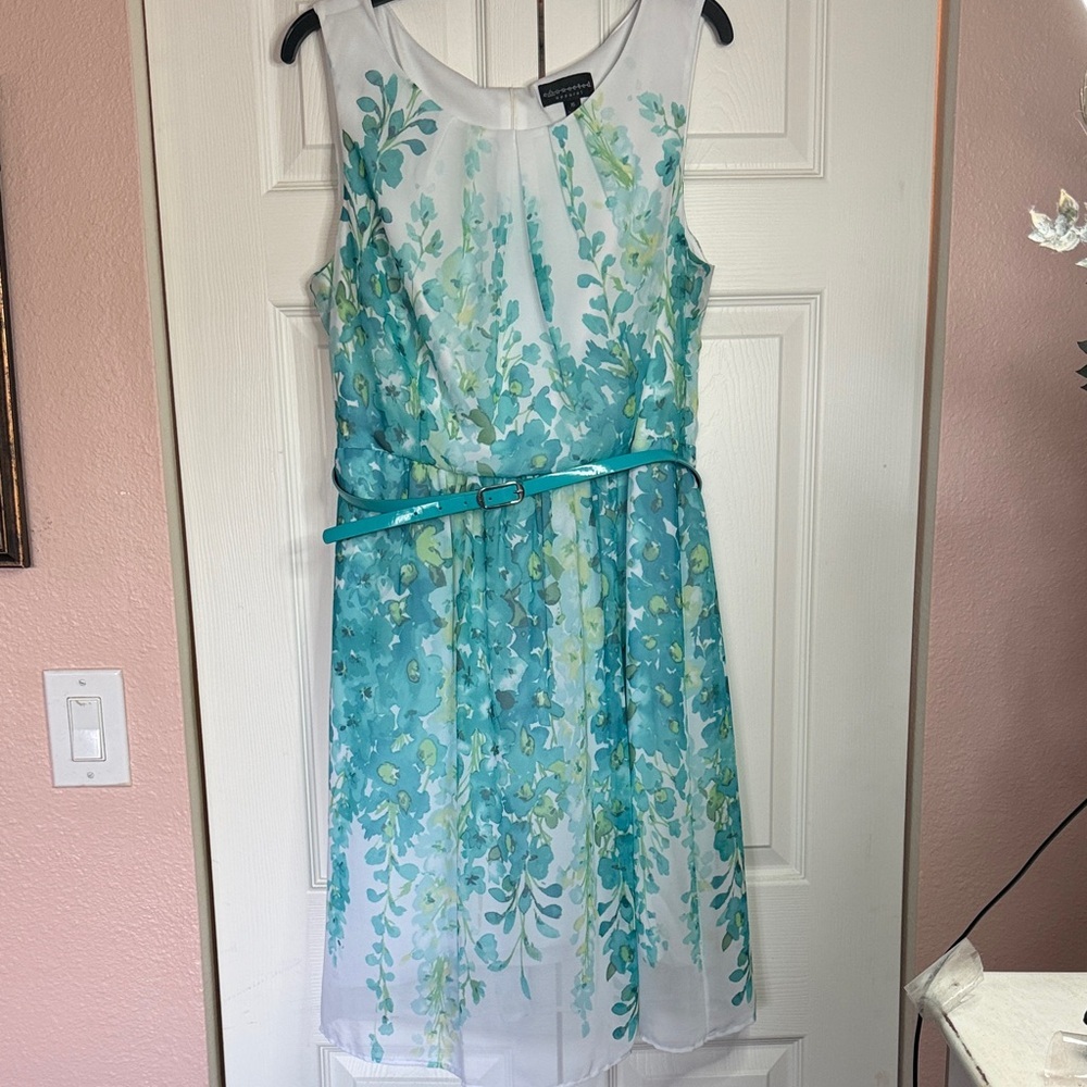 Connected Apparel Floral Chiffon Dress Size 16 Teal White Sleeveless Belted